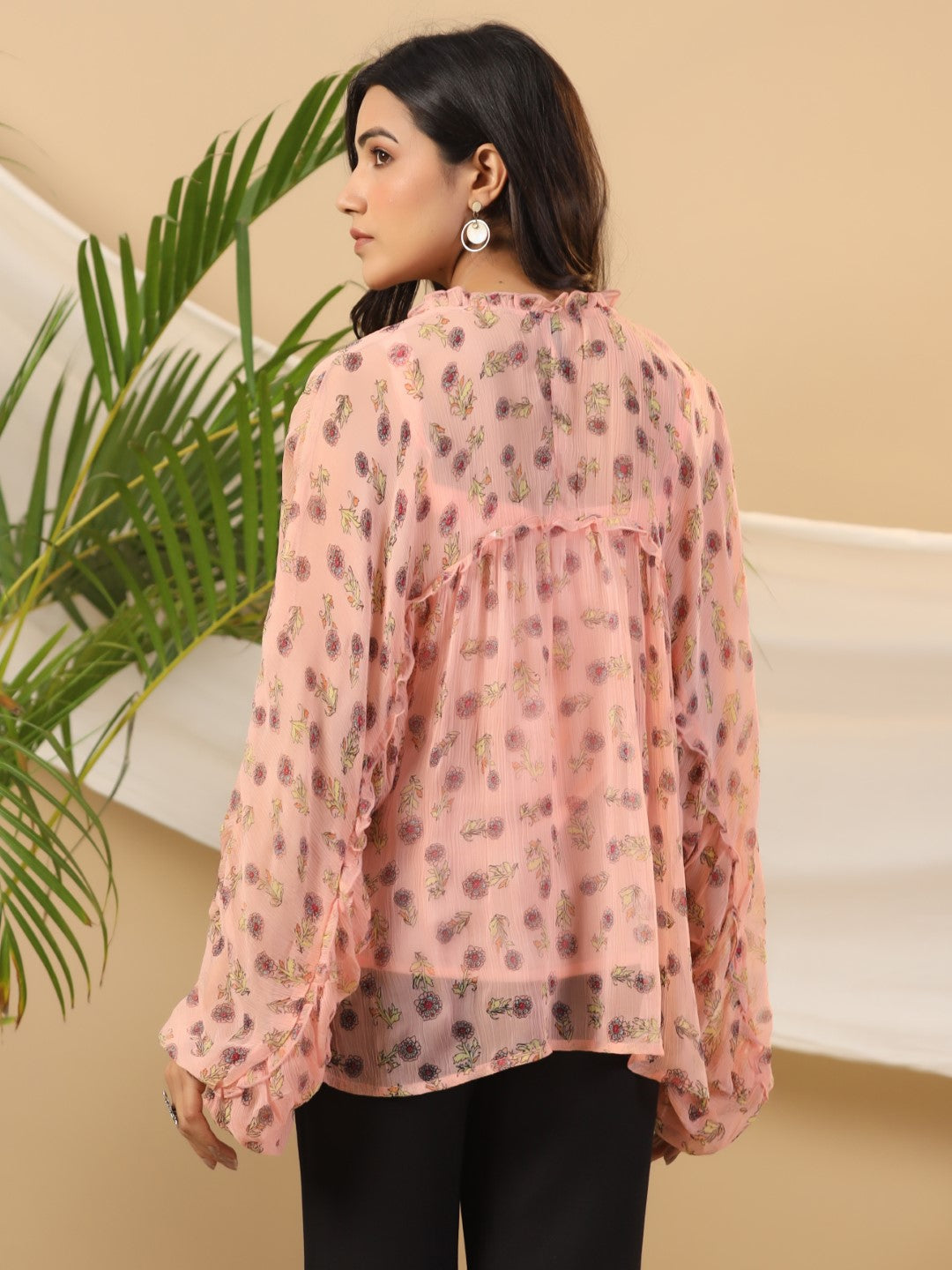 Juniper Peach Floral Printed Chiffon Tunic With Inner - Distacart