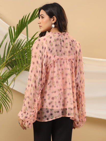 Juniper Peach Floral Printed Chiffon Tunic With Inner - Distacart