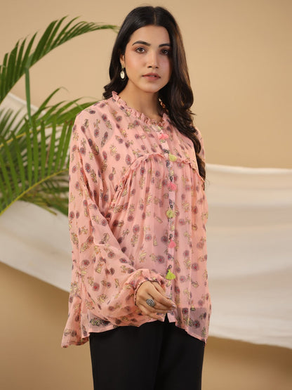 Juniper Peach Floral Printed Chiffon Tunic With Inner - Distacart
