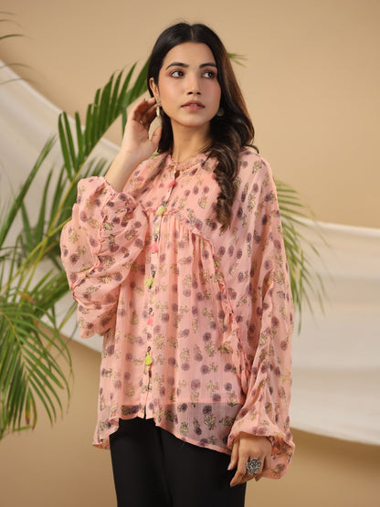Juniper Peach Floral Printed Chiffon Tunic With Inner - Distacart