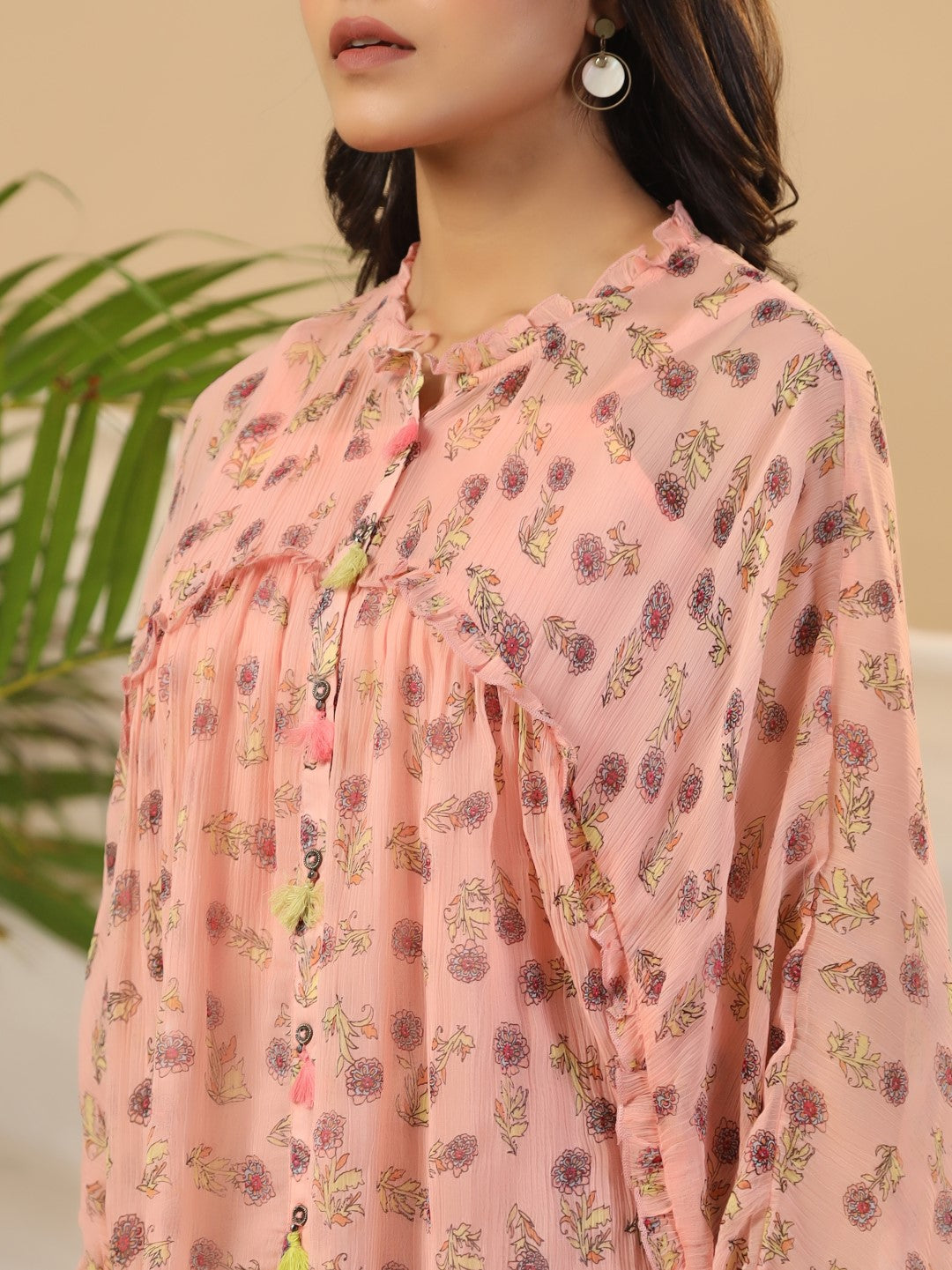 Juniper Peach Floral Printed Chiffon Tunic With Inner - Distacart
