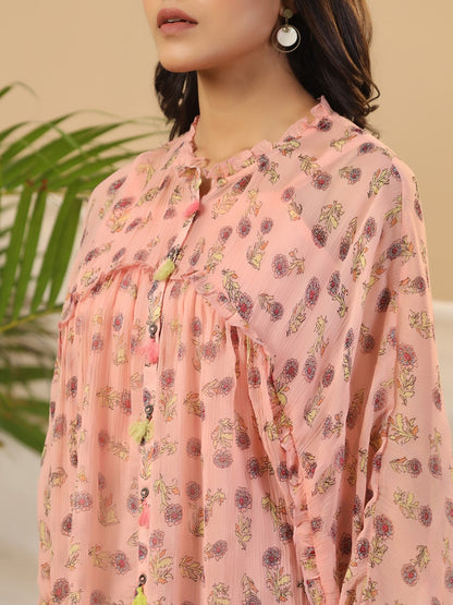 Juniper Peach Floral Printed Chiffon Tunic With Inner - Distacart