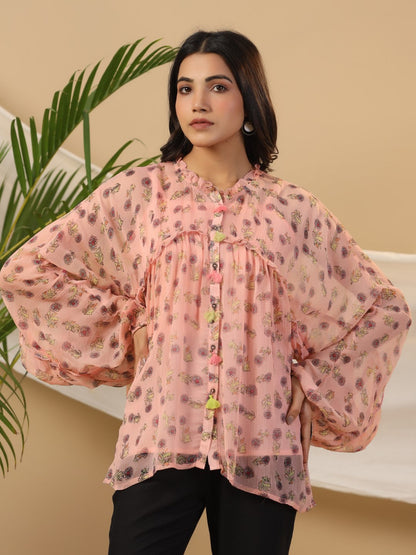Juniper Peach Floral Printed Chiffon Tunic With Inner - Distacart
