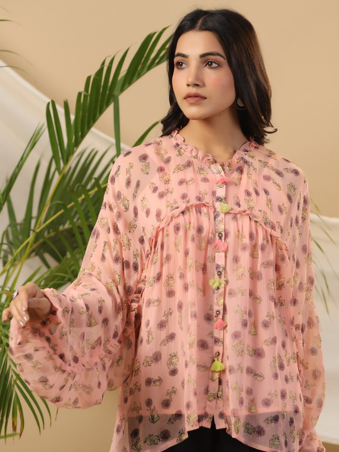 Juniper Peach Floral Printed Chiffon Tunic With Inner - Distacart