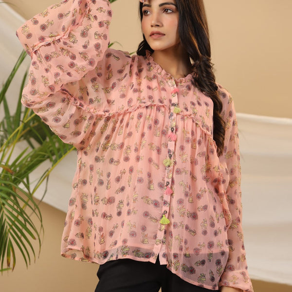 Juniper Peach Floral Printed Chiffon Tunic With Inner - Distacart
