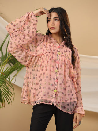 Juniper Peach Floral Printed Chiffon Tunic With Inner - Distacart
