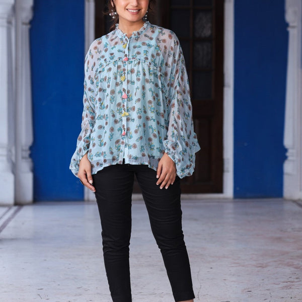 Juniper Sky Blue Chiffon Floral Printed Button Detailing Tunic With Inner - Distacart