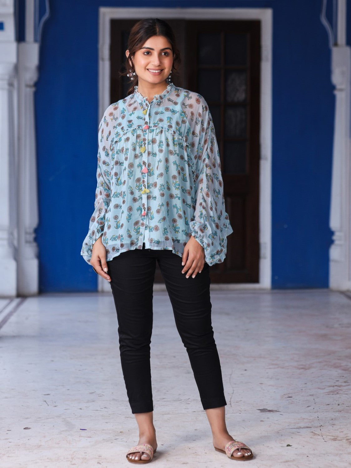 Juniper Sky Blue Chiffon Floral Printed Button Detailing Tunic With Inner - Distacart