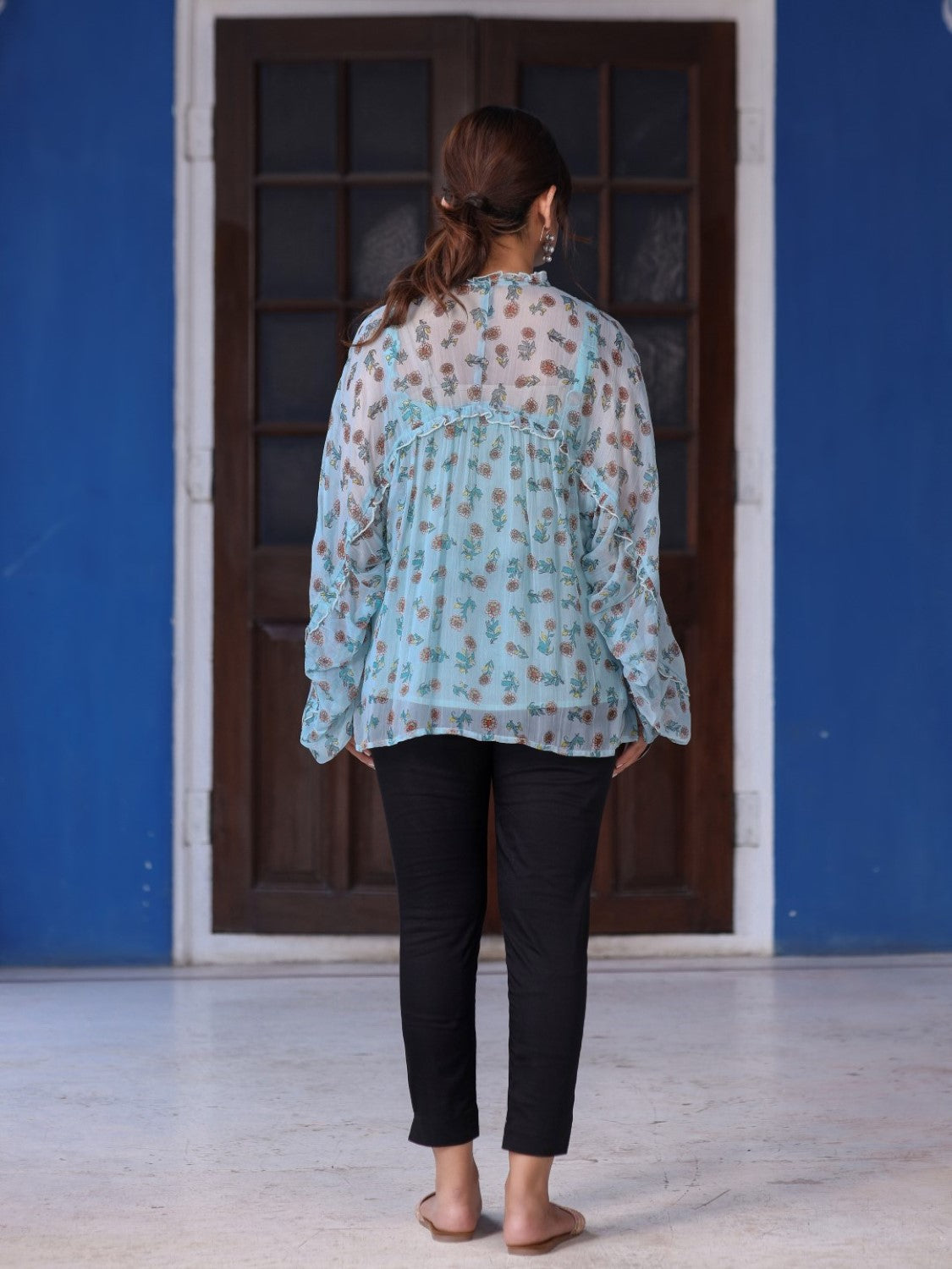 Juniper Sky Blue Chiffon Floral Printed Button Detailing Tunic With Inner - Distacart