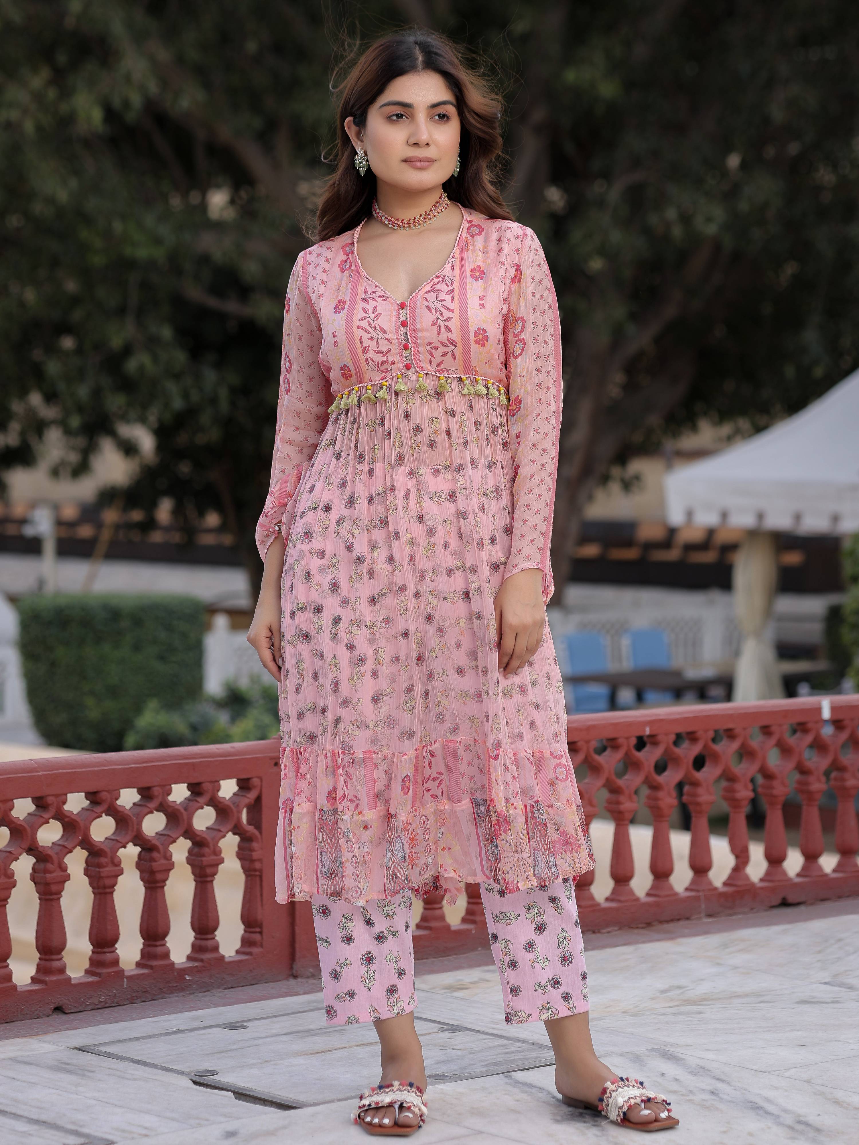 Juniper Peach Floral Printed High Slit Lacy Chiffon Kurta With Pants Set (2-Pcs) - Distacart