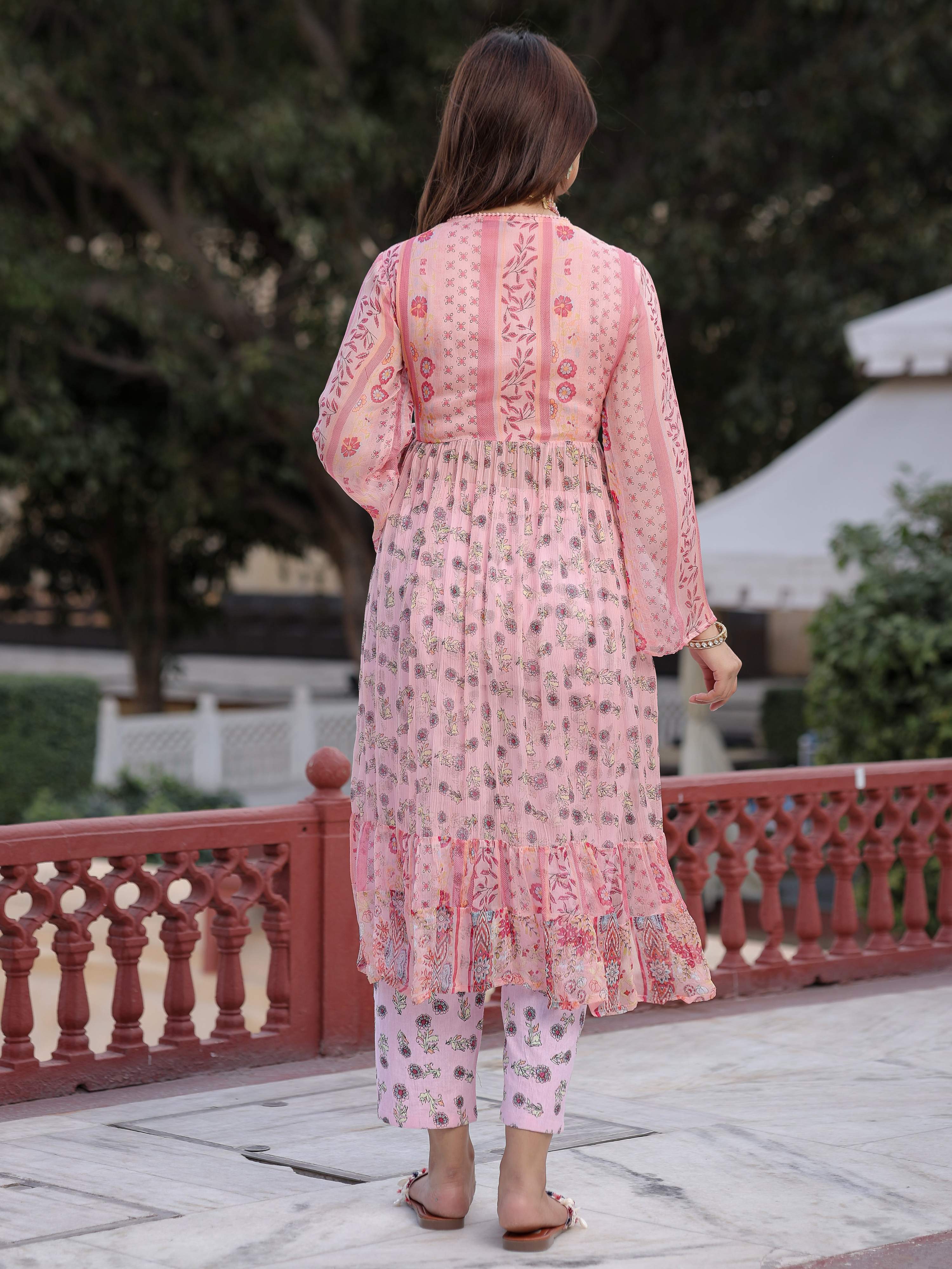 Juniper Peach Floral Printed High Slit Lacy Chiffon Kurta With Pants Set (2-Pcs) - Distacart