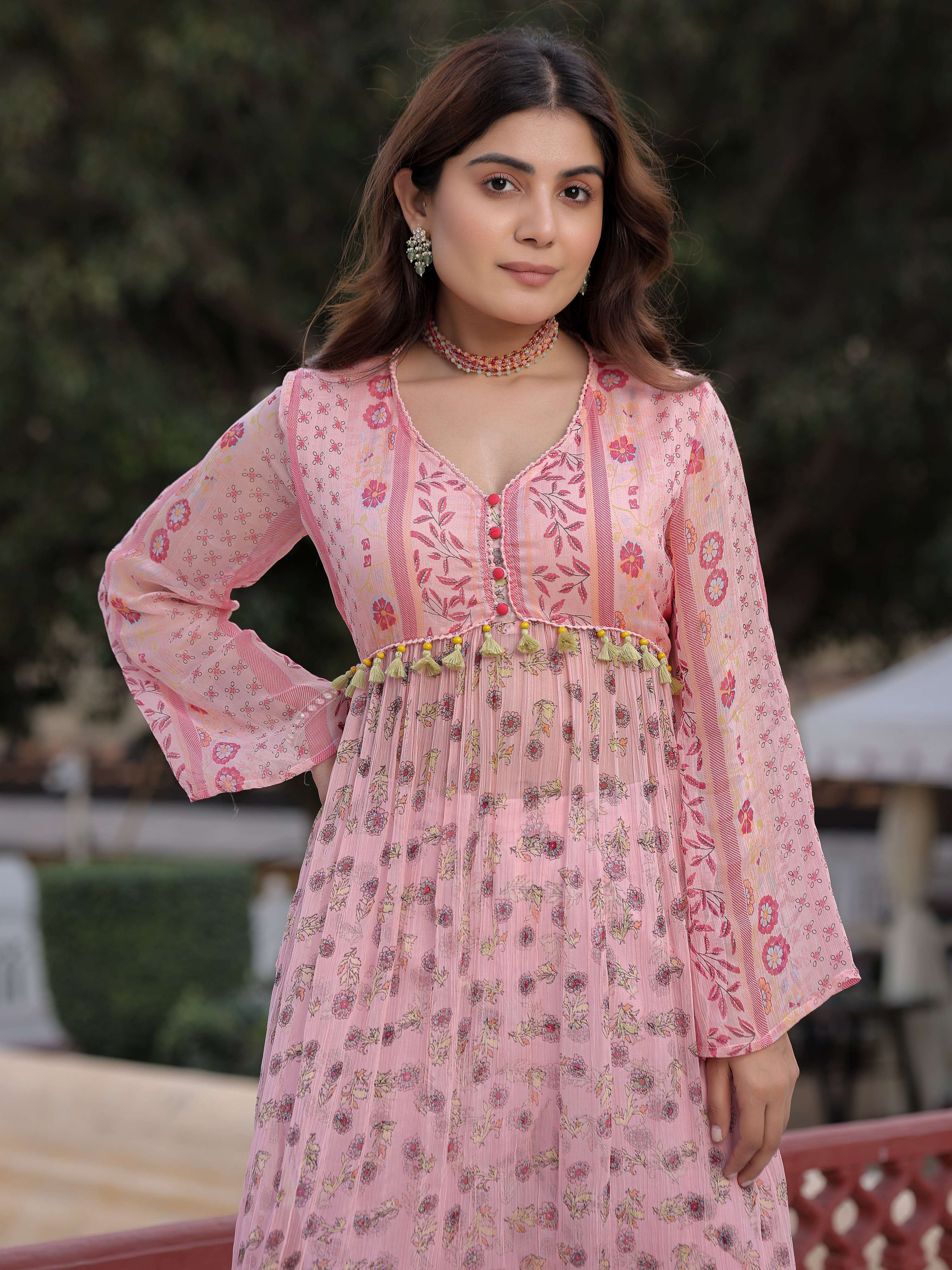 Juniper Peach Floral Printed High Slit Lacy Chiffon Kurta With Pants Set (2-Pcs) - Distacart