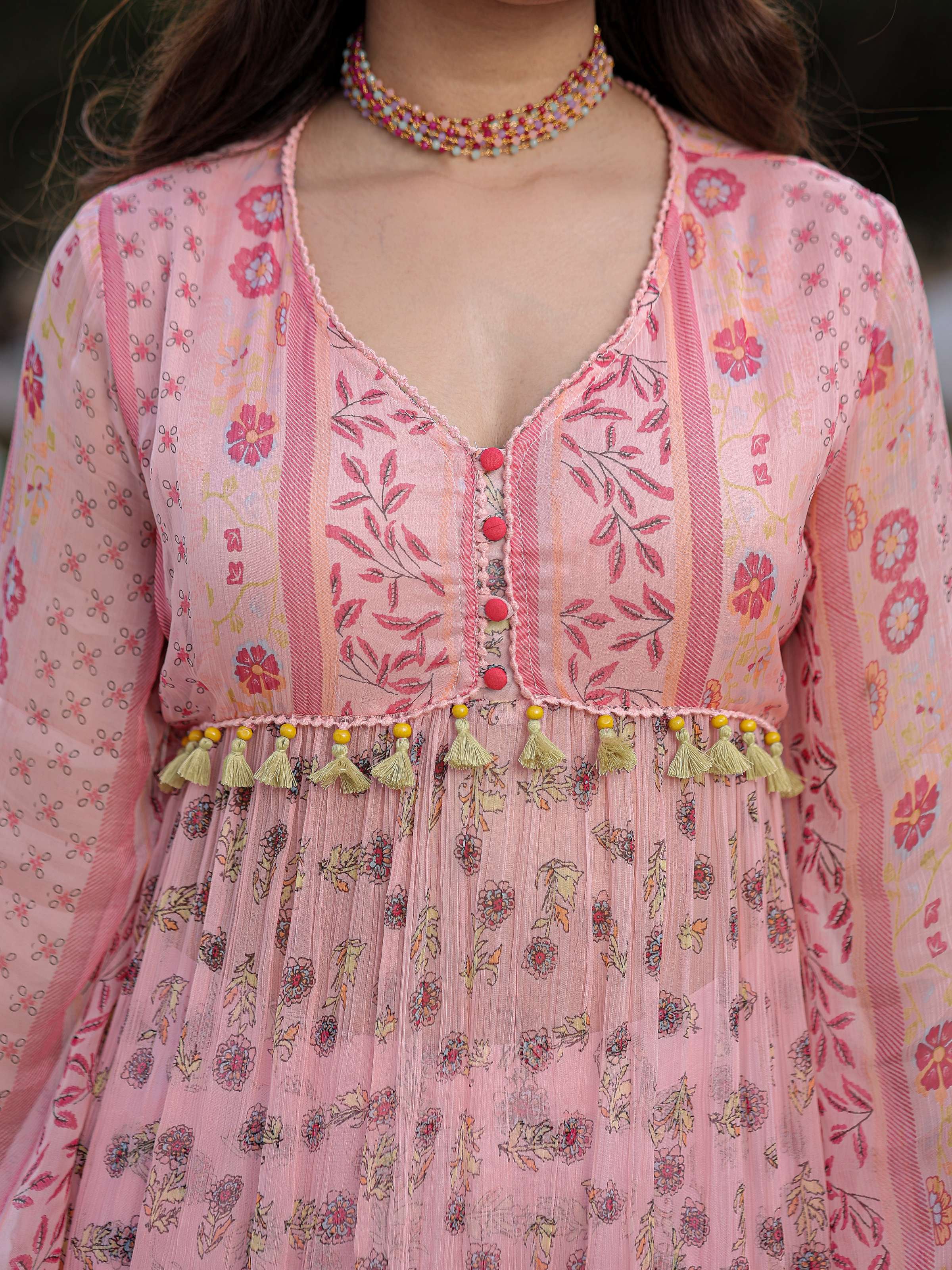 Juniper Peach Floral Printed High Slit Lacy Chiffon Kurta With Pants Set (2-Pcs) - Distacart