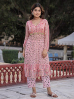 Thumbnail for Juniper Peach Floral Printed High Slit Lacy Chiffon Kurta With Pants Set (2-Pcs) - Distacart