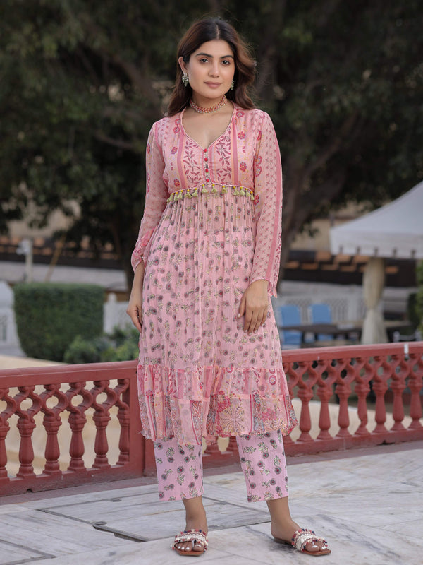 Juniper Peach Floral Printed High Slit Lacy Chiffon Kurta With Pants Set (2-Pcs) - Distacart