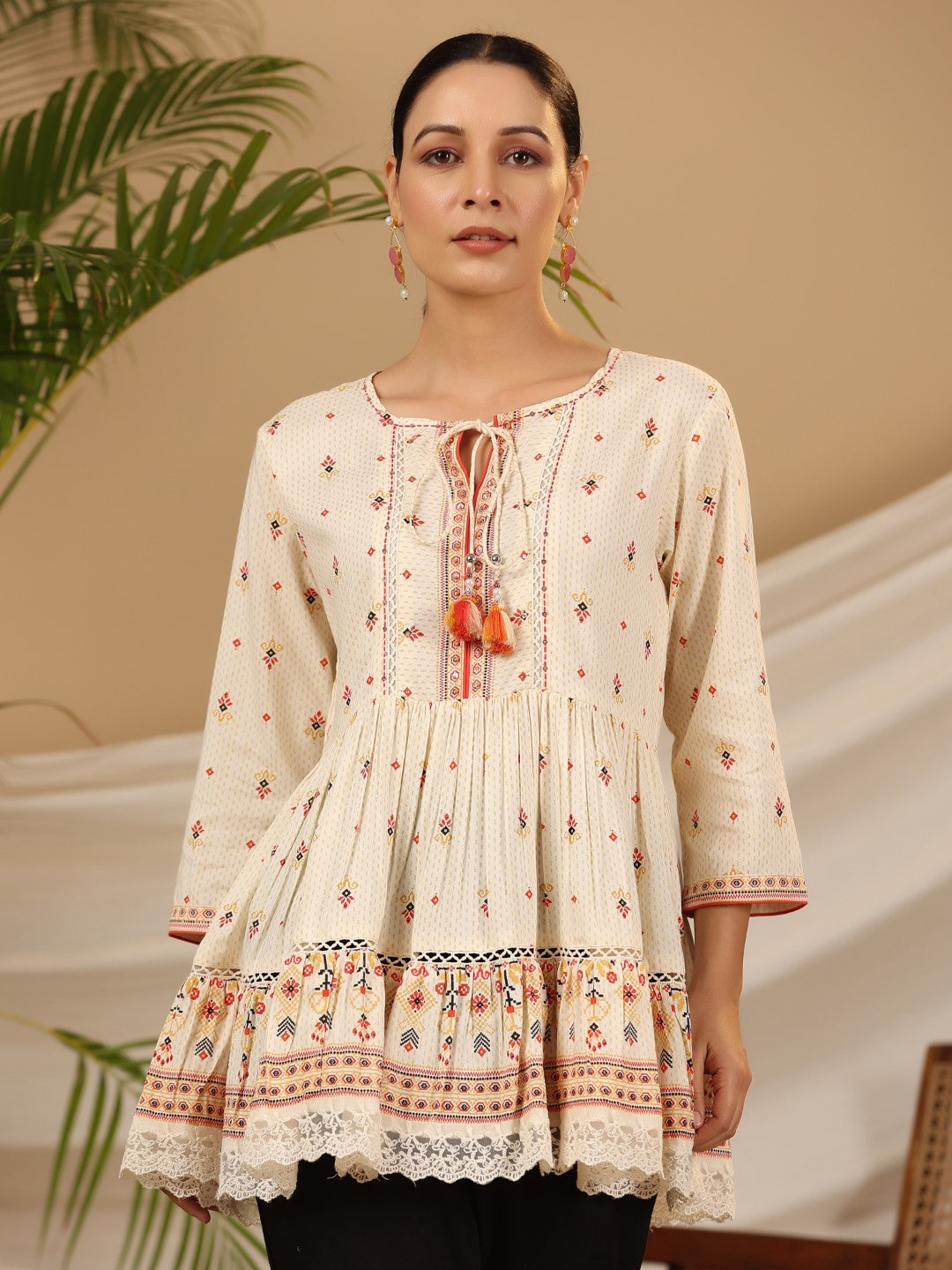 Juniper Women's Ivory Geometric Printed Rayon Tunic With Beads & Sequins