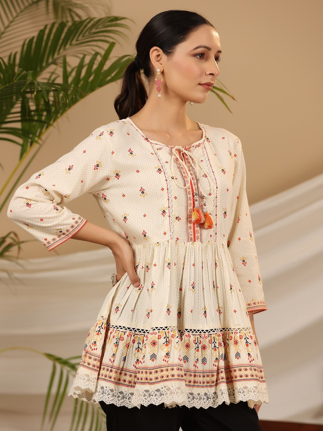 Juniper Women's Ivory Geometric Printed Rayon Tunic With Beads & Sequins