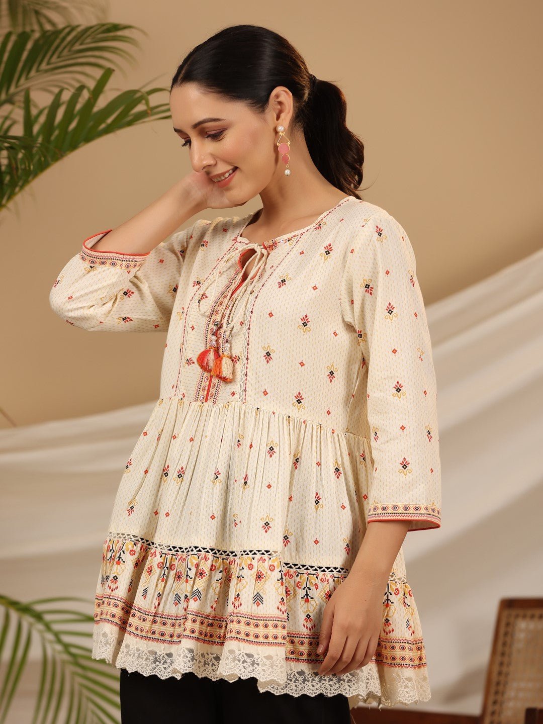 Juniper Women's Ivory Geometric Printed Rayon Tunic With Beads & Sequins