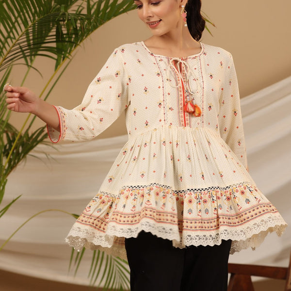 Juniper Women's Ivory Geometric Printed Rayon Tunic With Beads & Sequins - Distacart