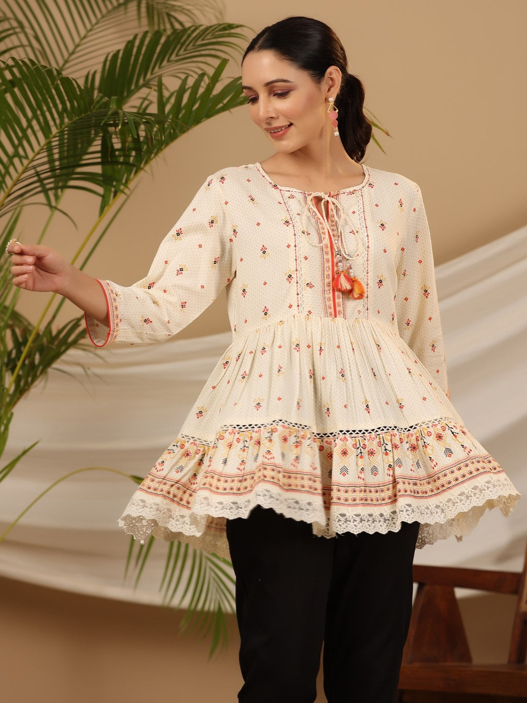 Juniper Women's Ivory Geometric Printed Rayon Tunic With Beads & Sequins - Distacart