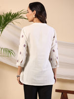 Thumbnail for Juniper Ivory Women Floral Embroidered High-Low Cotton Tunic With Half Placket - Distacart