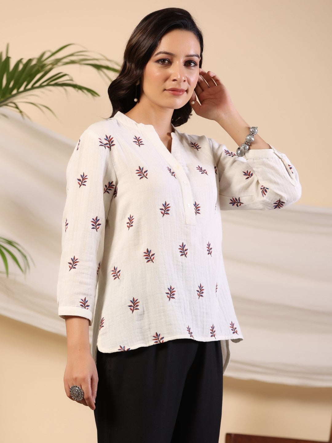 Juniper Ivory Women Floral Embroidered High-Low Cotton Tunic With Half Placket - Distacart
