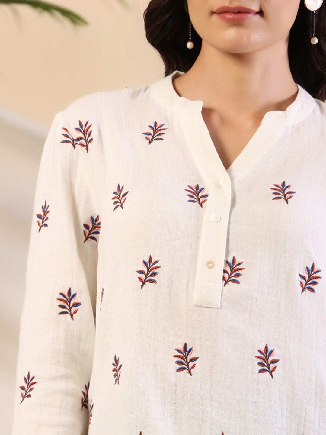 Juniper Ivory Women Floral Embroidered High-Low Cotton Tunic With Half Placket - Distacart