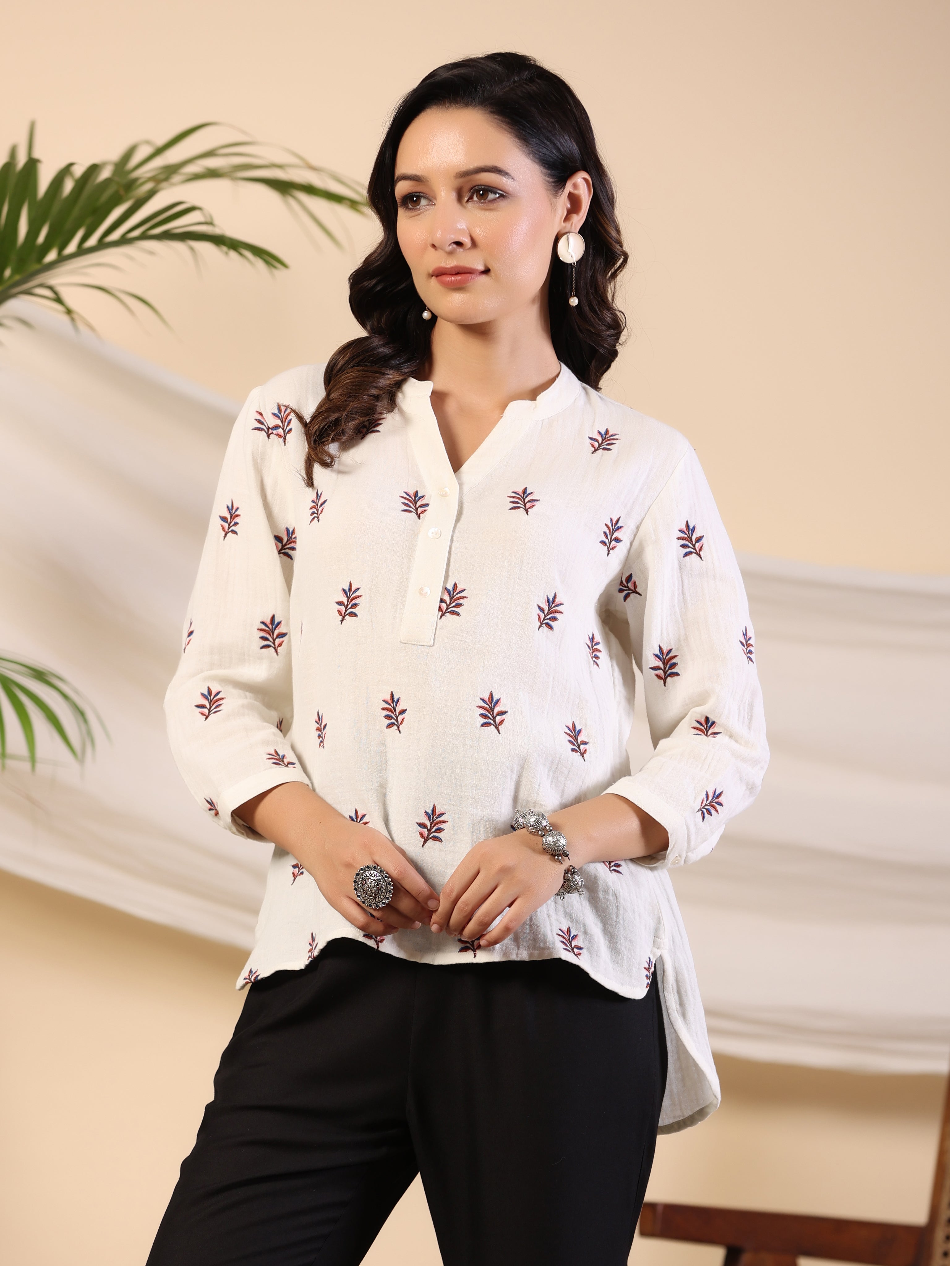 Juniper Ivory Women Floral Embroidered High-Low Cotton Tunic With Half Placket - Distacart
