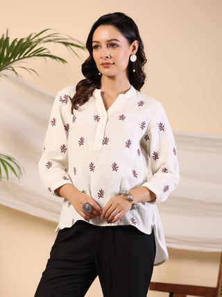 Juniper Ivory Women Floral Embroidered High-Low Cotton Tunic With Half Placket - Distacart