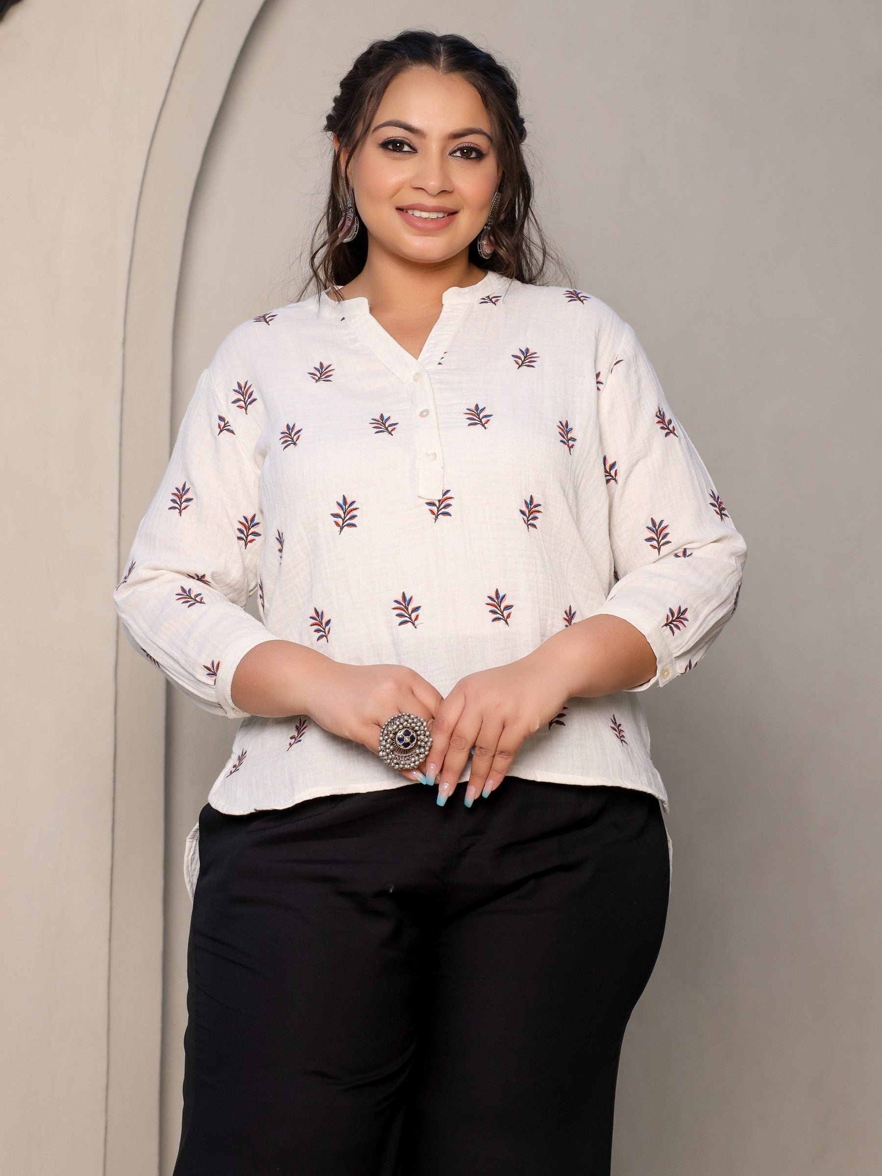 Juniper Ivory Women Floral Embroidered High-Low Cotton Plus Size Tunic With Half Placket - Distacart