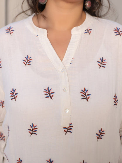 Juniper Ivory Women Floral Embroidered High-Low Cotton Plus Size Tunic With Half Placket - Distacart