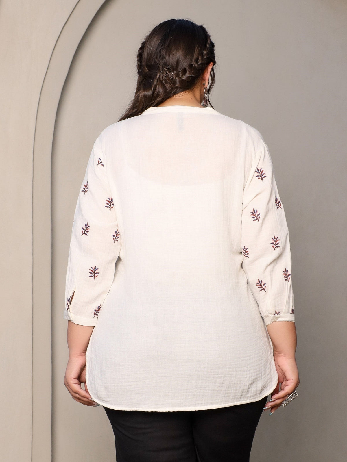 Juniper Ivory Women Floral Embroidered High-Low Cotton Plus Size Tunic With Half Placket - Distacart
