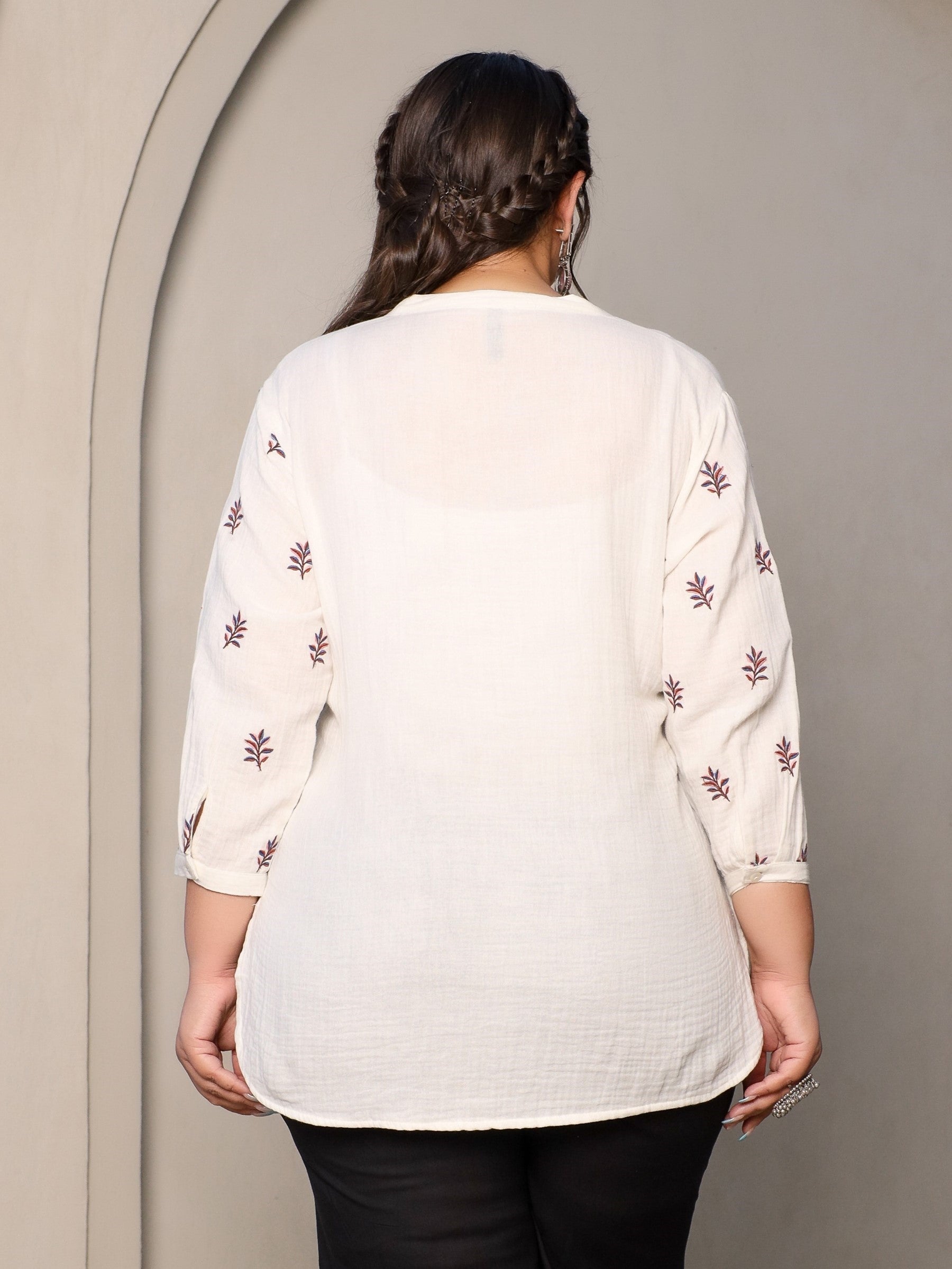 Juniper Ivory Women Floral Embroidered High-Low Cotton Plus Size Tunic With Half Placket - Distacart