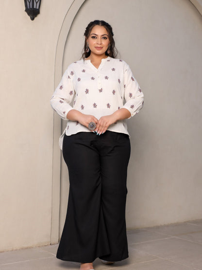 Juniper Ivory Women Floral Embroidered High-Low Cotton Plus Size Tunic With Half Placket - Distacart
