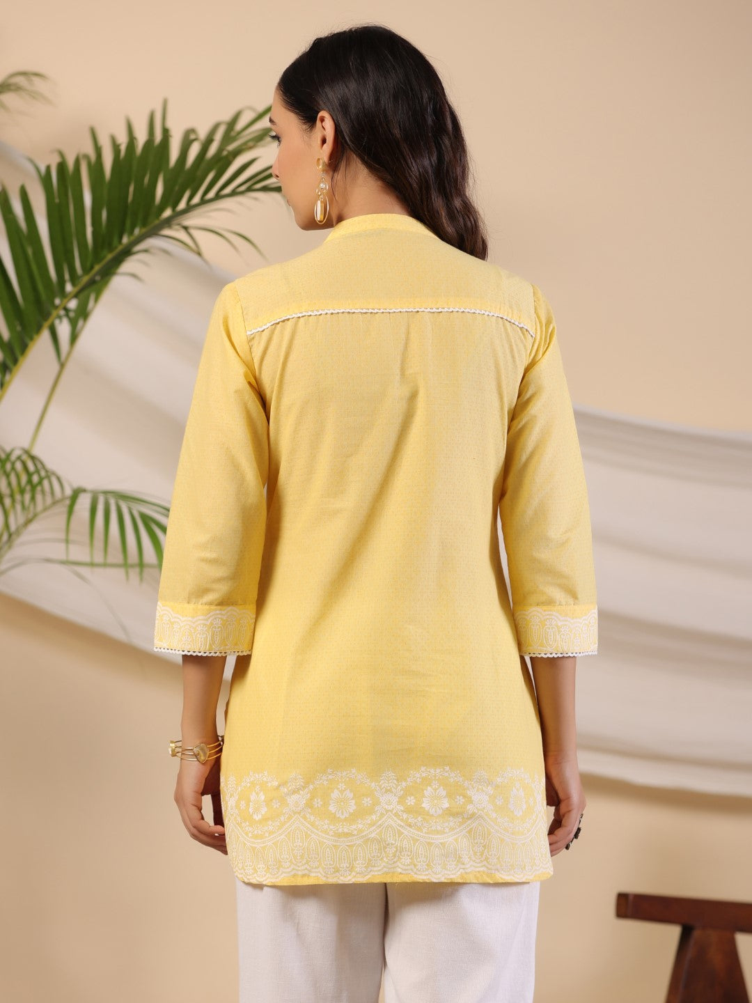 Juniper Yellow Ethnic Motif Printed Pure Cotton Tunic With Lace Work - Distacart
