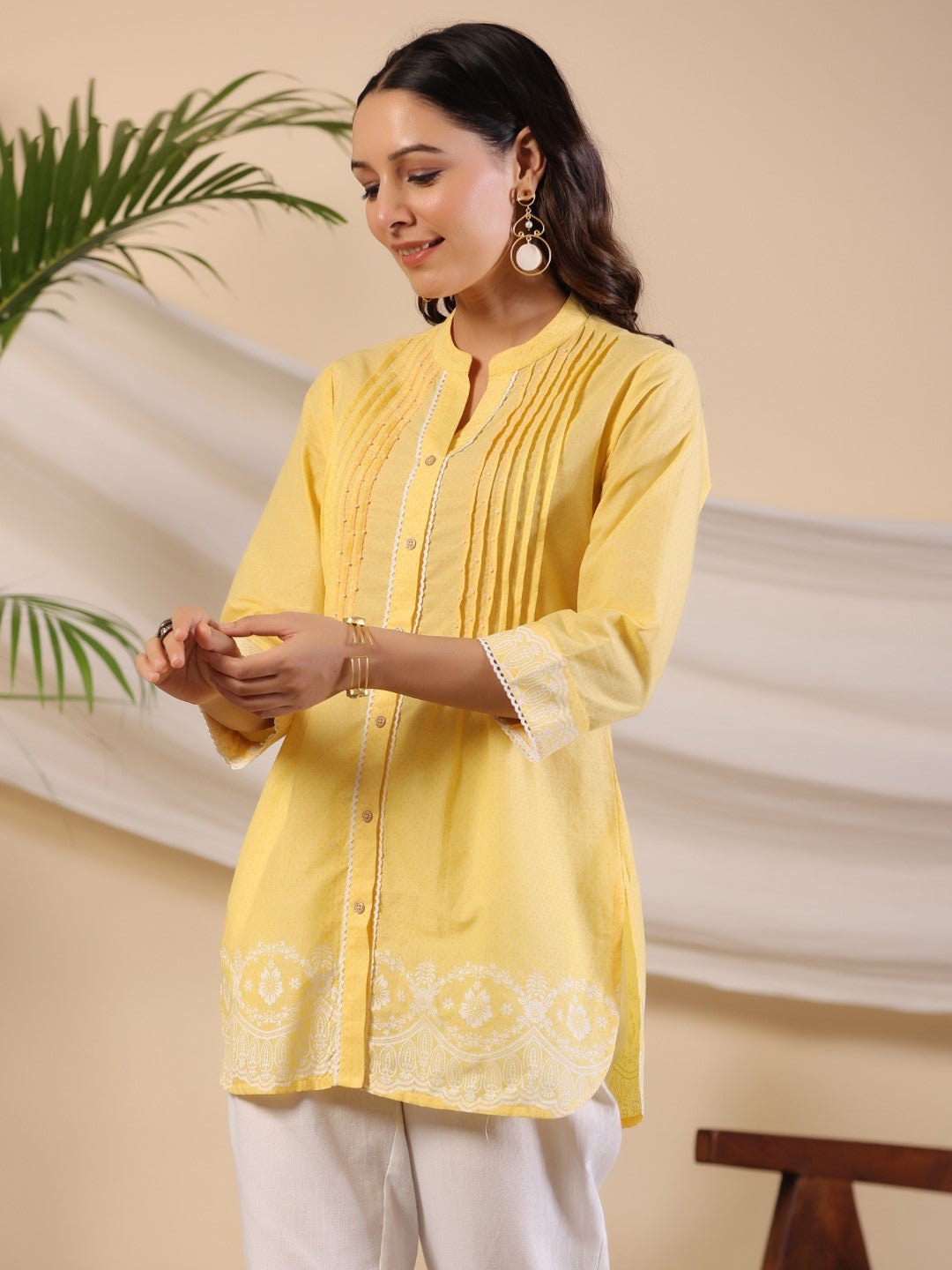 Juniper Yellow Ethnic Motif Printed Pure Cotton Tunic With Lace Work - Distacart