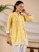 Thumbnail for Juniper Yellow Ethnic Motif Printed Pure Cotton Tunic With Lace Work - Distacart
