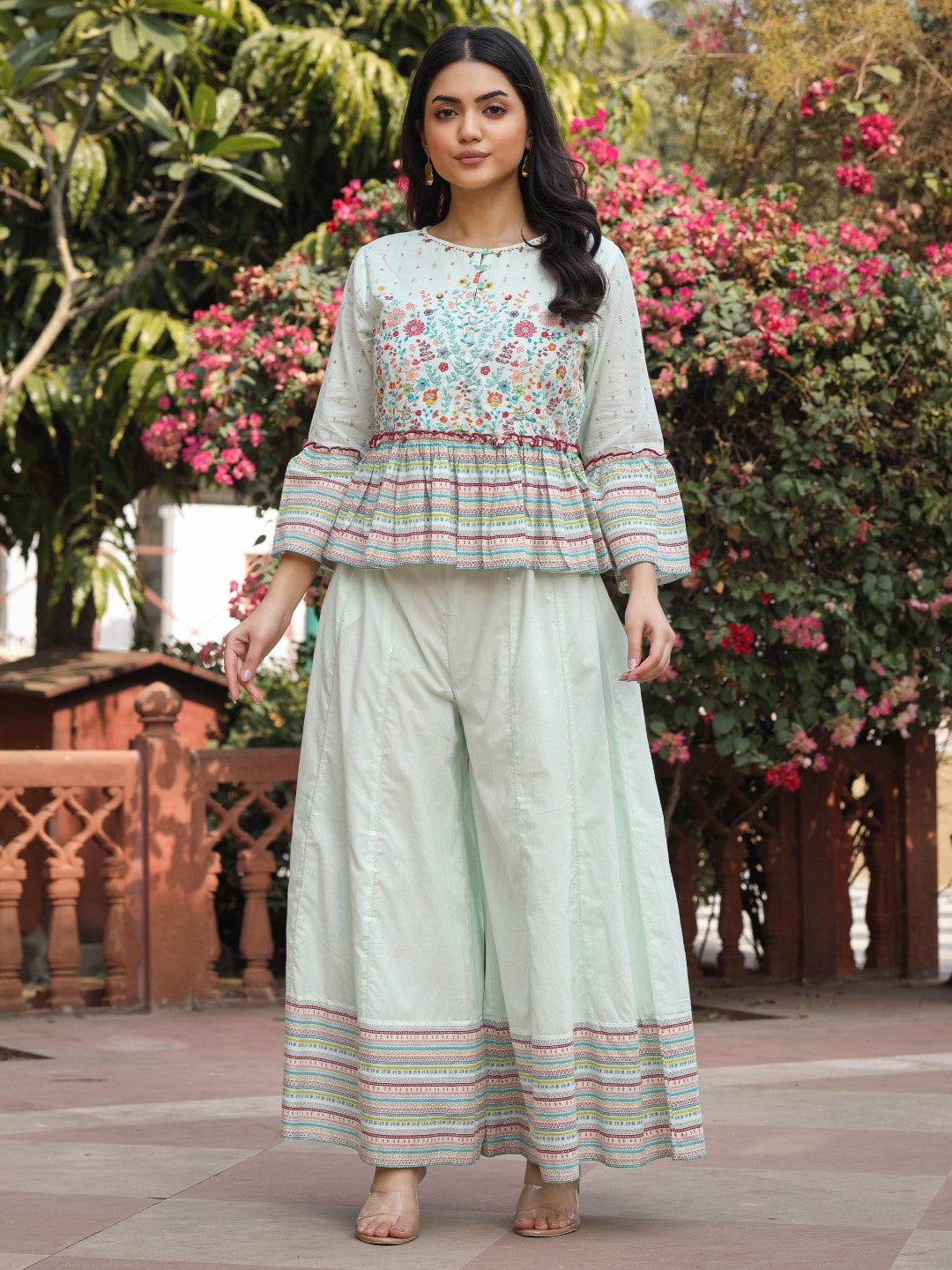 Juniper Women's Mint Floral Printed Peplum Co-Ord Set With Kantha Work & Beads - Distacart