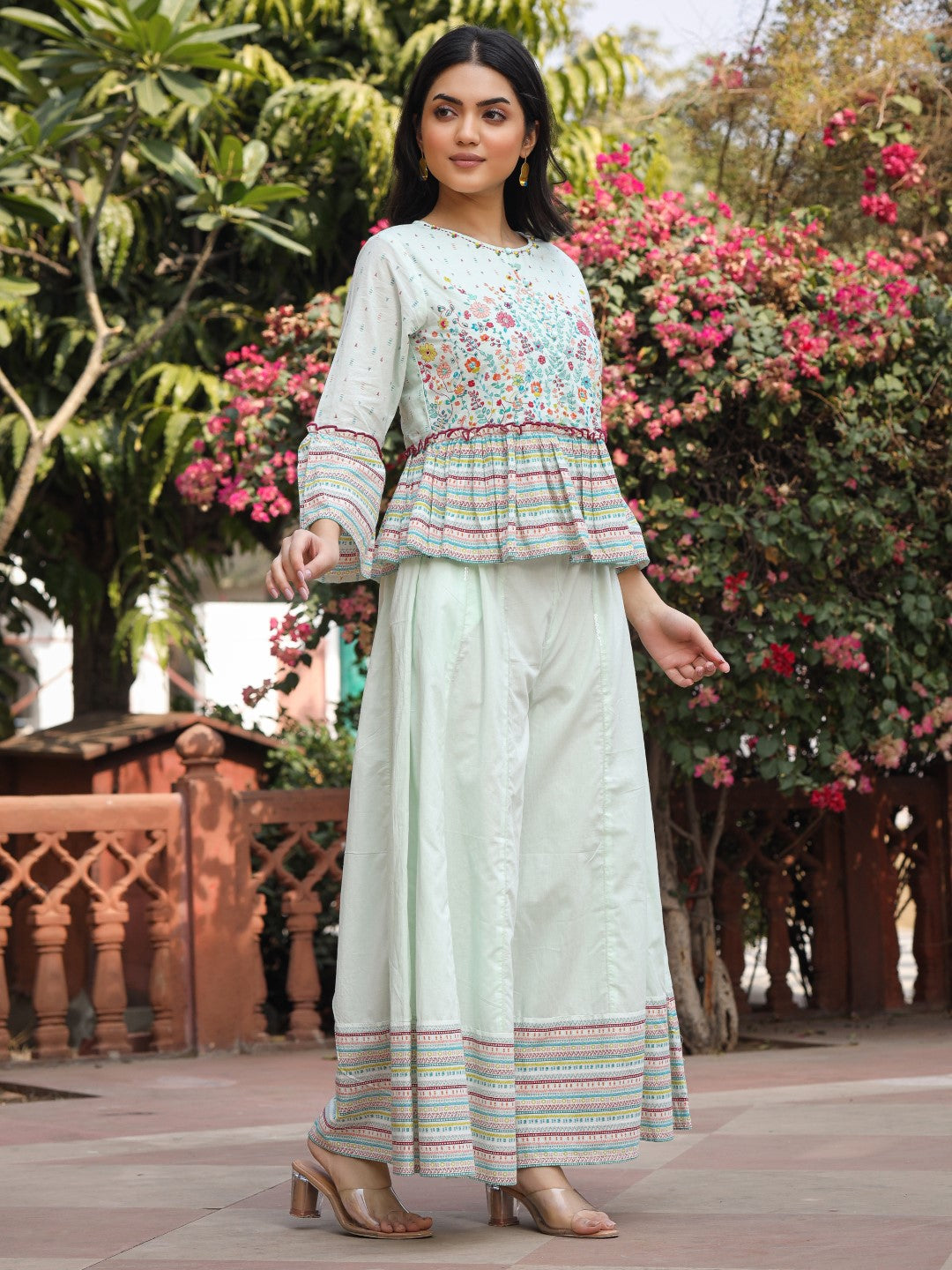 Juniper Women's Mint Floral Printed Peplum Co-Ord Set With Kantha Work & Beads - Distacart