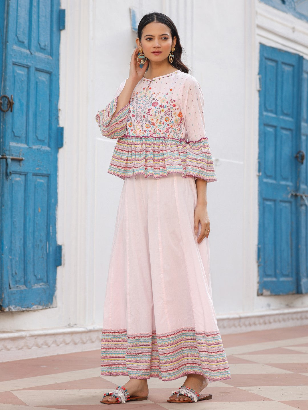 Juniper Pink Floral Printed Peplum Co-Ord Set With Kantha Work & Beads - Distacart