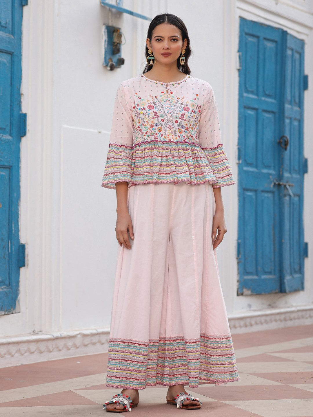 Juniper Pink Floral Printed Peplum Co-Ord Set With Kantha Work & Beads - Distacart