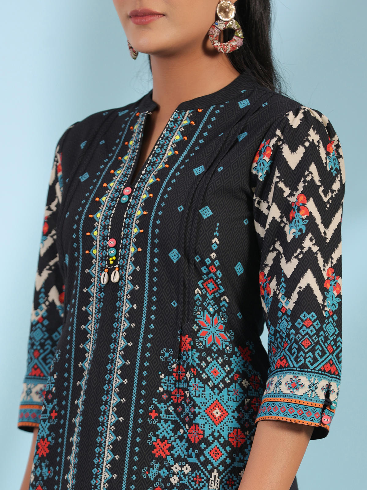 Juniper Women's Black Pure Cotton Geometric Printed & Pleated Kurta With Beads & Sequins - Distacart