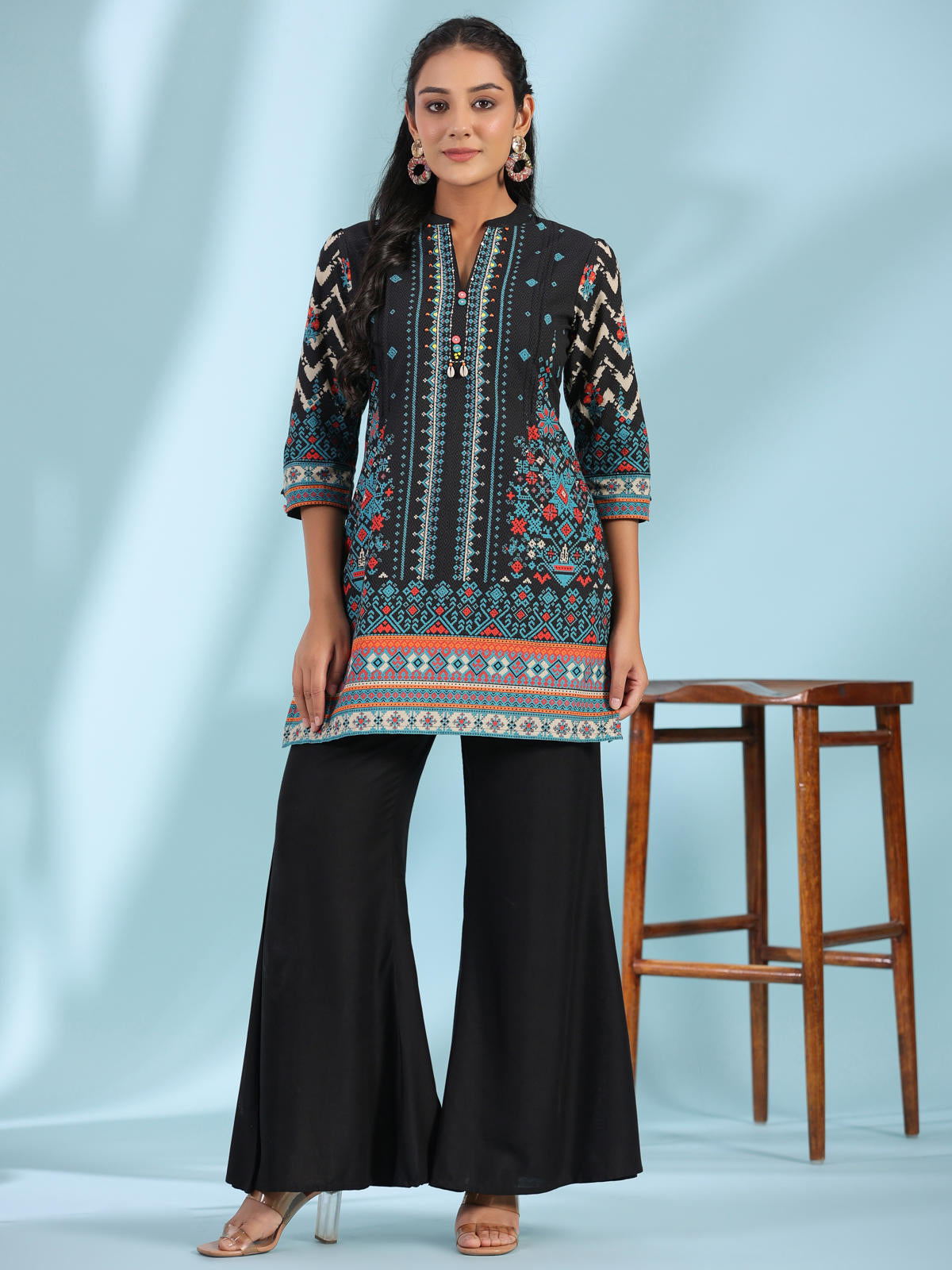 Juniper Women's Black Pure Cotton Geometric Printed & Pleated Kurta With Beads & Sequins - Distacart