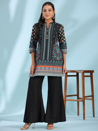 Juniper Women's Black Pure Cotton Geometric Printed & Pleated Kurta With Beads & Sequins - Distacart