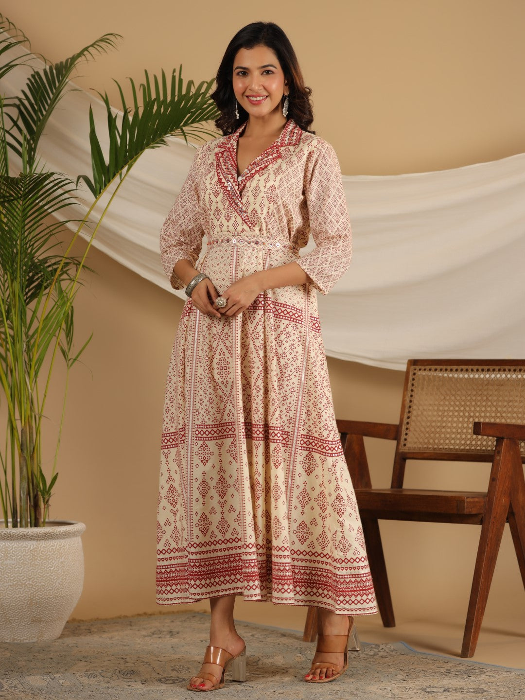 Juniper Ivory Cotton Geometric Printed Fit & Flare Maxi Dress With Contrast Beads & Sequins - Distacart