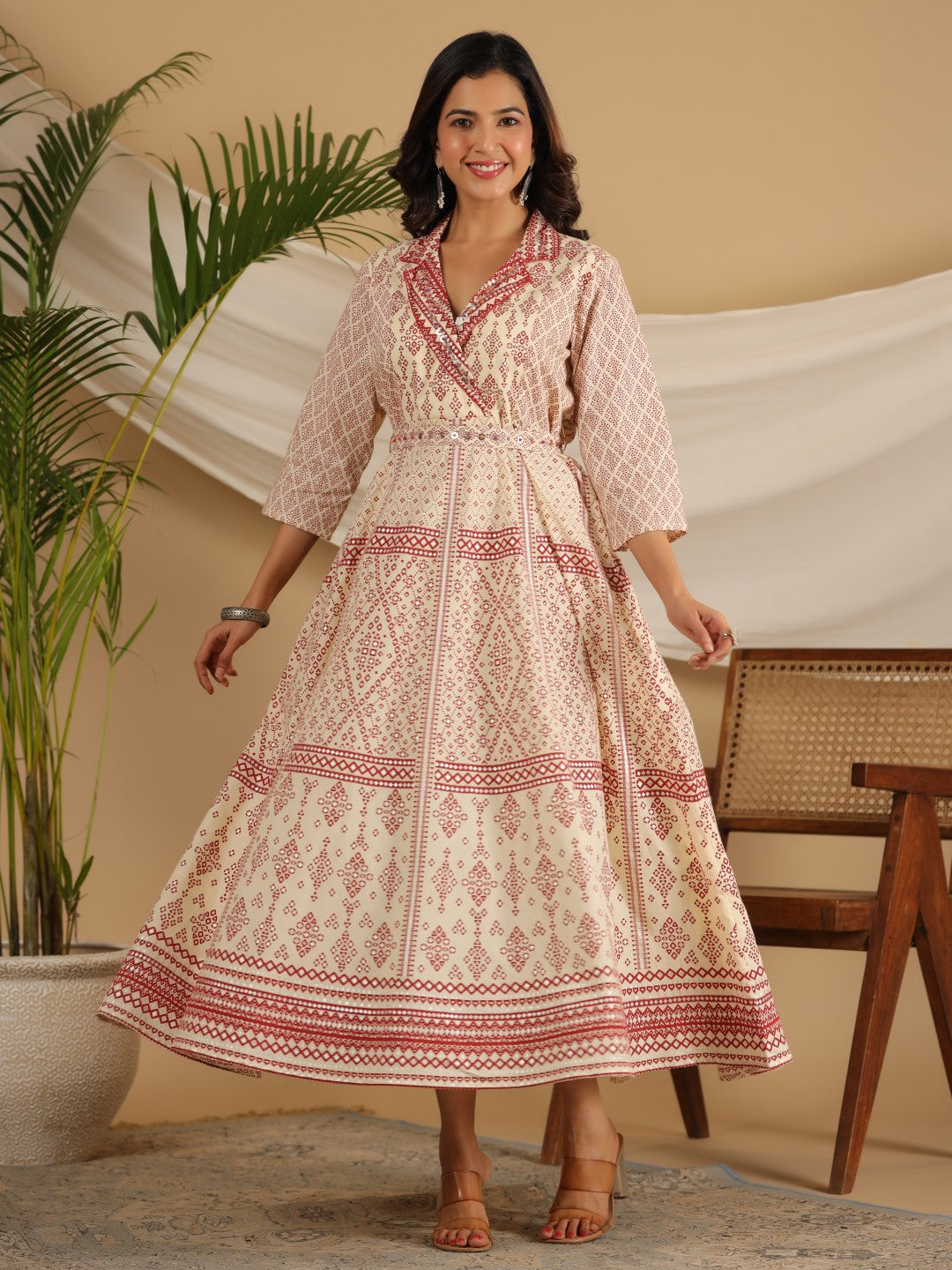 Juniper Ivory Cotton Geometric Printed Fit & Flare Maxi Dress With Contrast Beads & Sequins - Distacart