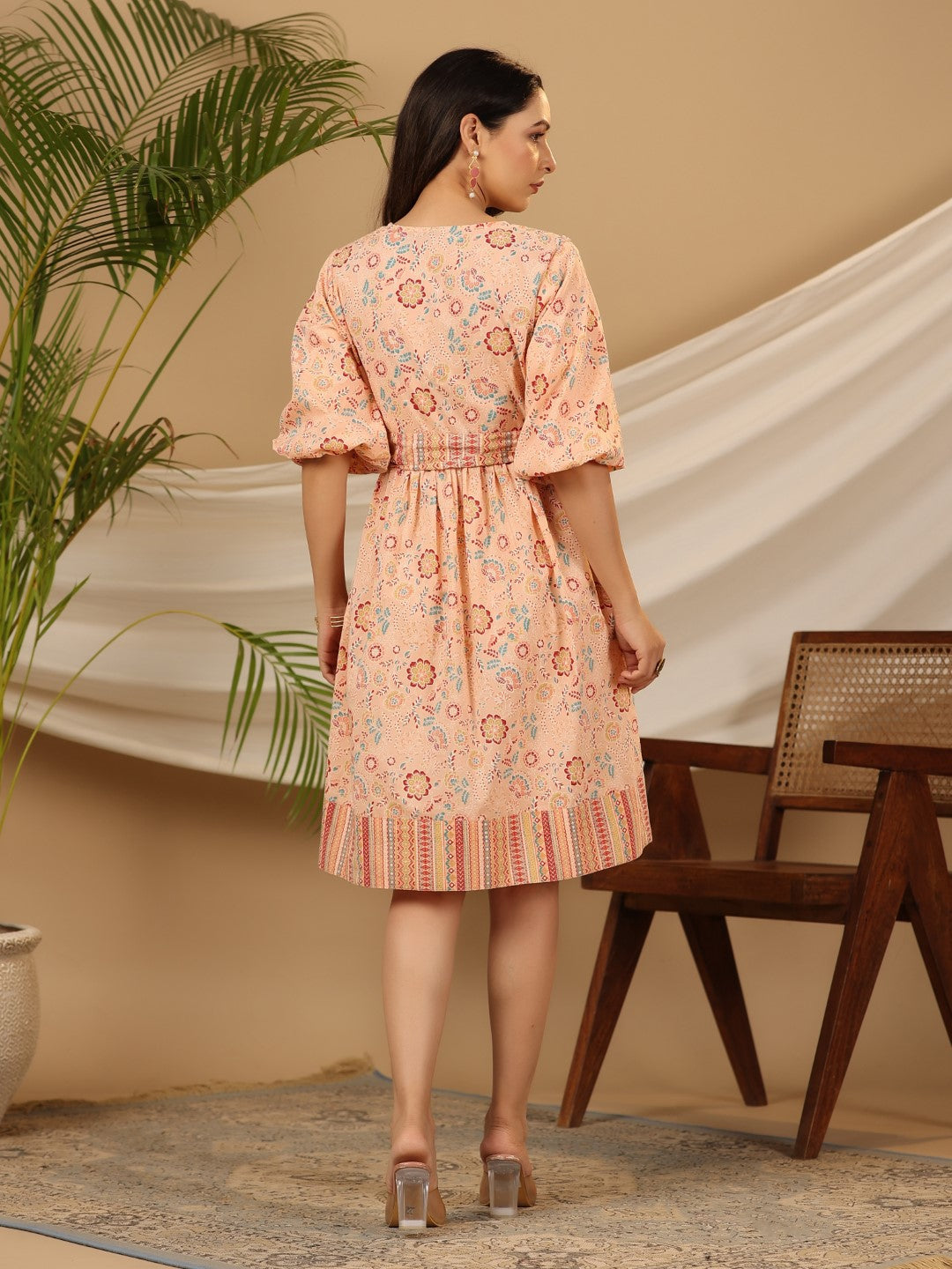 Juniper Peach Floral Printed Pure Cotton Short Dress With Belt & Beads Work - Distacart