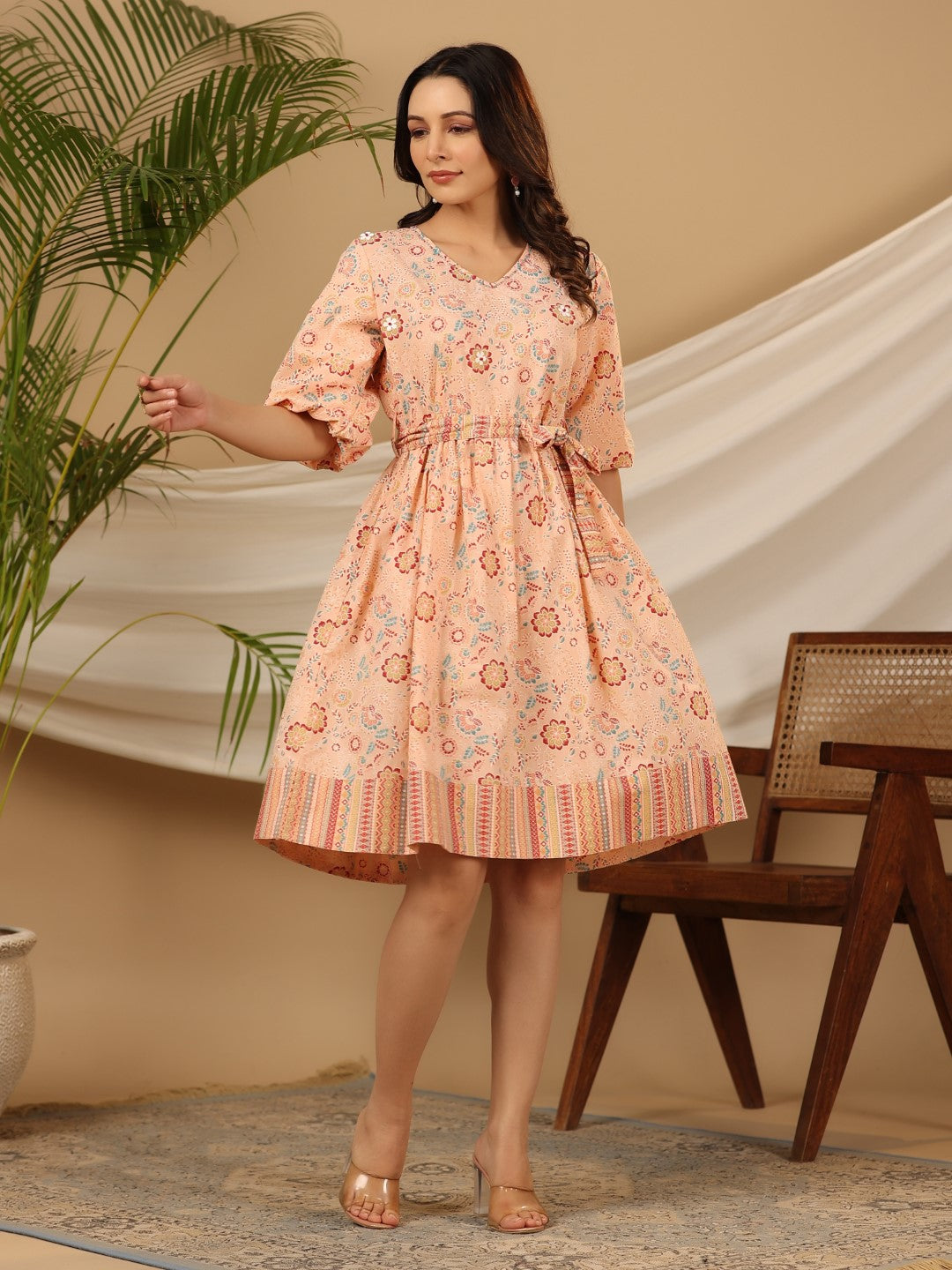 Juniper Peach Floral Printed Pure Cotton Short Dress With Belt & Beads Work - Distacart
