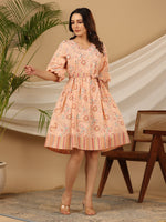 Thumbnail for Juniper Peach Floral Printed Pure Cotton Short Dress With Belt & Beads Work - Distacart