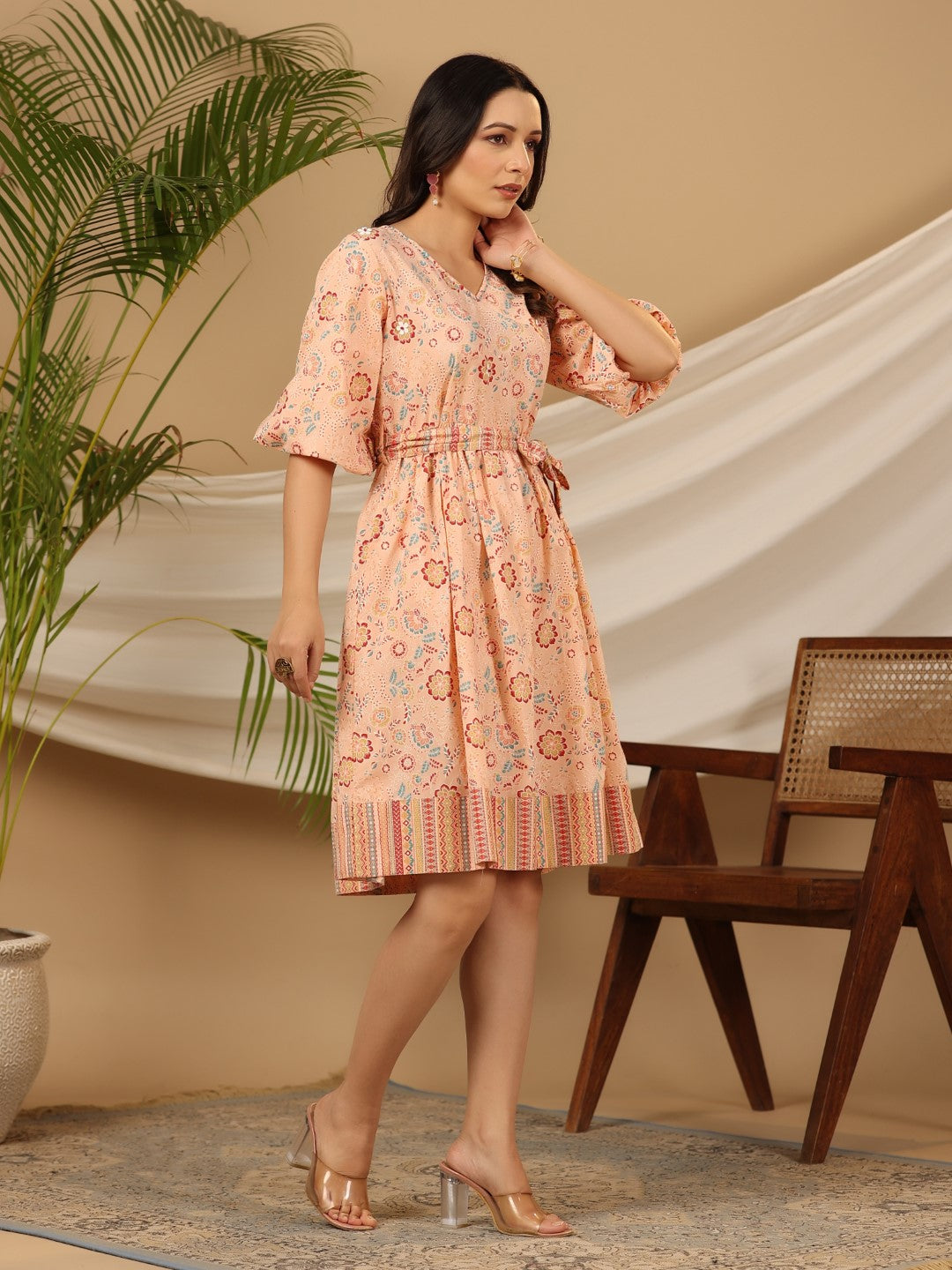 Juniper Peach Floral Printed Pure Cotton Short Dress With Belt & Beads Work - Distacart